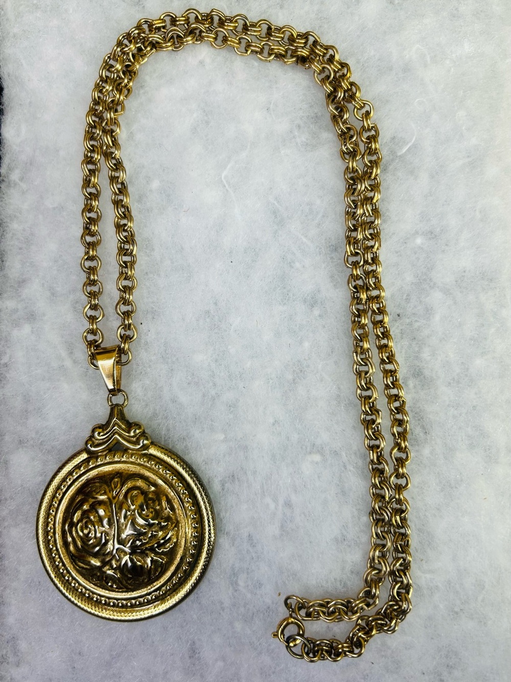Vintage Floral Repoussé Medallion Necklace on 22” Chain (c. 1972–1978)